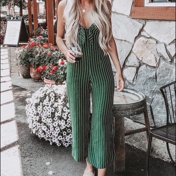 Faithful The Brand Green Pinstripe Tie Jumpsuit - Picture 6 of 10